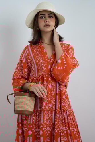 فستان ملمس قطني بالون البرتقاليي طويل 2025