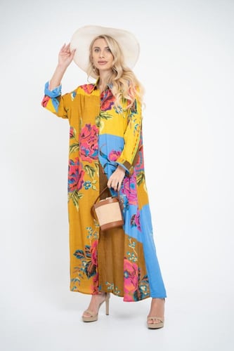 فستان ملمس قطني بالوان صيفية و نقش وردي طويل 2025