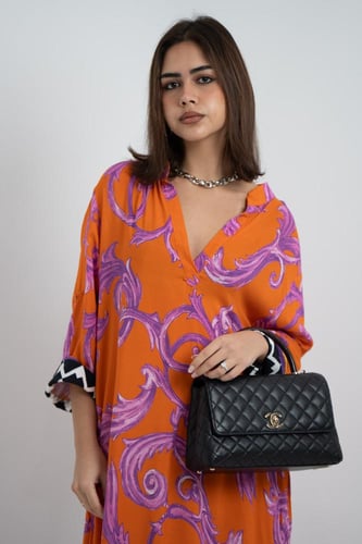 فستان ملمس قطني اورنج و تموجات بالموف طويل 2025