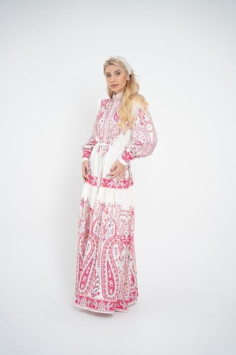 فستان طويل بنقوش عرقية فاخرة - وردي