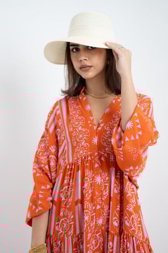 فستان ملمس قطني بالون البرتقاليي طويل 2025