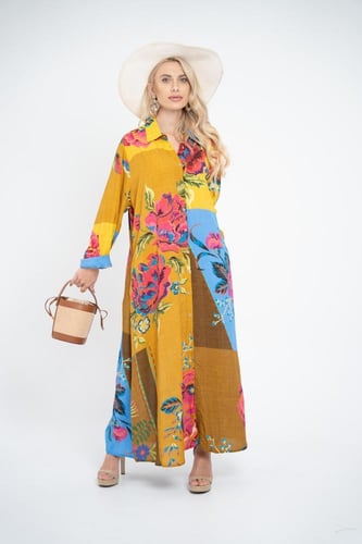 فستان ملمس قطني بالوان صيفية و نقش وردي طويل 2025