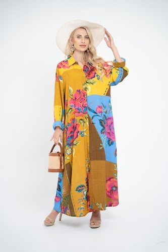 فستان ملمس قطني بالوان صيفية و نقش وردي طويل 2025