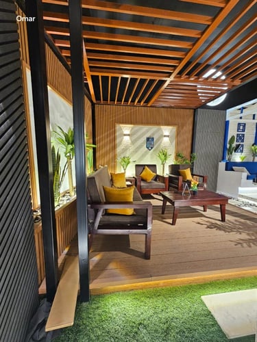 مظلة +جلسة خشبية + جلسة أرضية ١٠سم + لوكسان + مرجي...