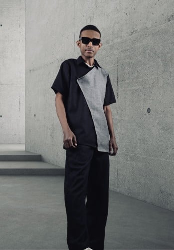 طقم كتان اسود و رمادي