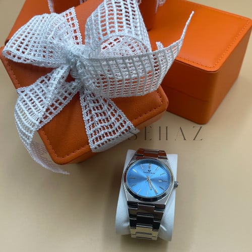 ساعة رجالي فضي باطار فضي ومينا ازرق