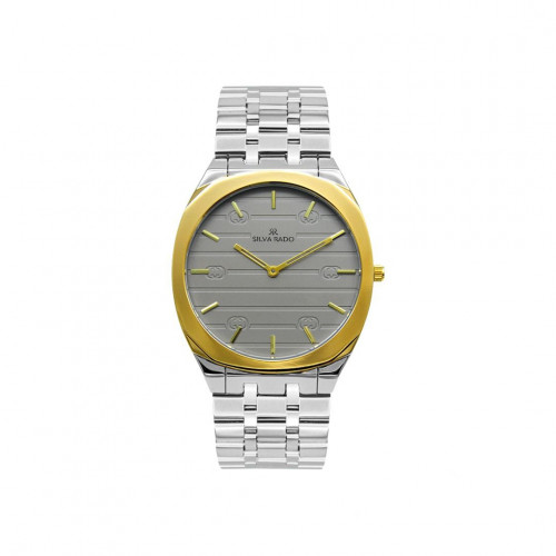 ساعة رجالي فضي انيقة باطار ذهبي ومينا فضي