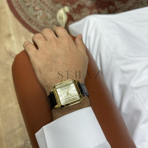 ساعة رجالي استيك جلد اسود اطار مربع لون ذهبي مينا...