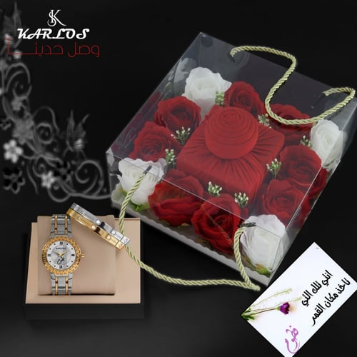 بكس هديه نسائي - ساعة و سوارين وتنسيق ورد