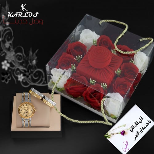 بكس هديه نسائي - ساعة و سوارين وتنسيق ورد
