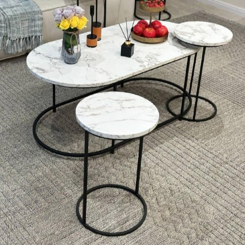 طقم طاولات بيضاوي سطح خشب شكل سيراميك مع 4 خدمة