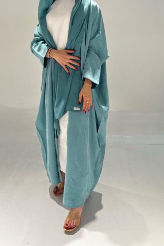 عبايه حرير مغسول لون تركواز على رمادي