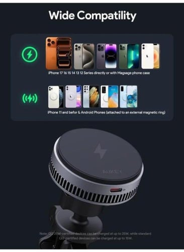 حامل جوال مع شاحن سيارة لاسلكي مغناطيس 25 واط لفتح...