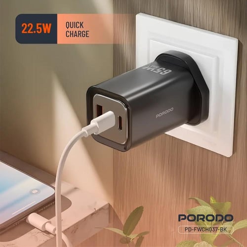 فيش منزلي 65 واط منفذين pd+منفذ USB من PORODO