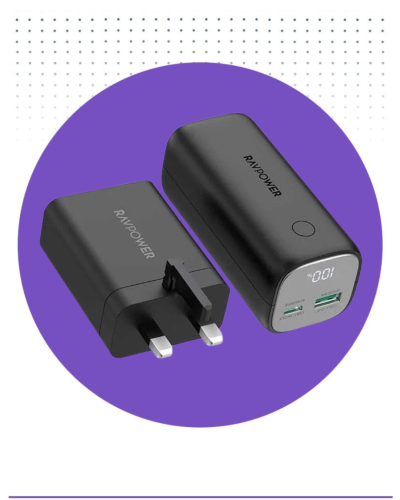 باور بانك بقوة 10 الف منفذ PD+منفذ USB مع فيش جداري منفذ PD شحن سريع 65 واط RAVPOWER