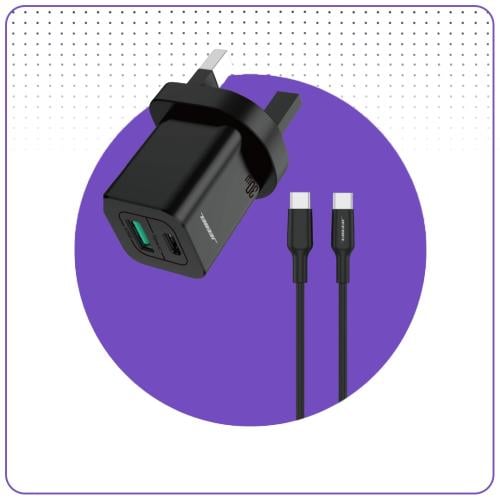 شاحن جداري بمنفذين مع كيبل معتمد من ابل طرفين تايب...