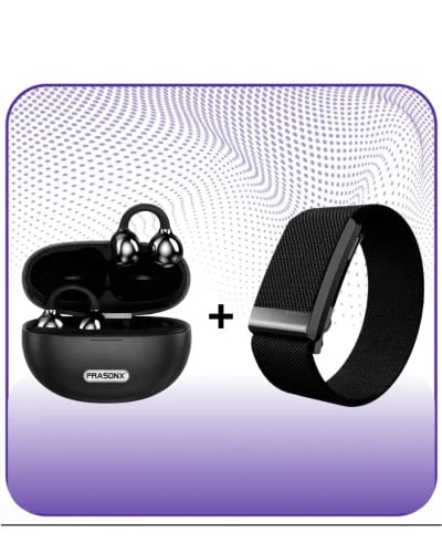 عرض سماعة ايربودز بتصميم تثبيت على الاذن PRASONX PX-90 + سوار رياضي بدون شاشة لمتابعة الصحة والنشاط RASONX