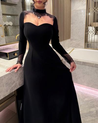 فستان سهرة أسود بياقة دانتيل