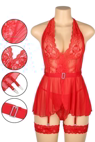 طقم لانجري نسائي دانتيل شبكي أحمر