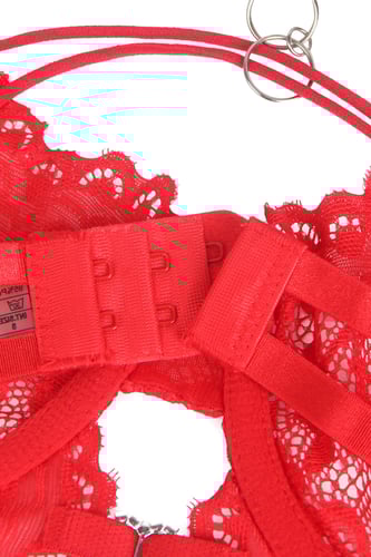 طقم لانجري دانتيل أحمر مع أربطة جوارب