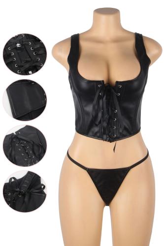 كورسيه جلد أسود فخم مع بانتي