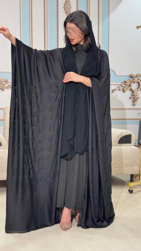 First grade natural silk abaya + shawl, black crystal chains