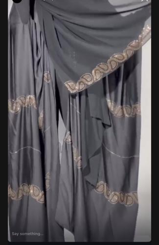 Natural silk abaya + shawl, crystal gold embroider...