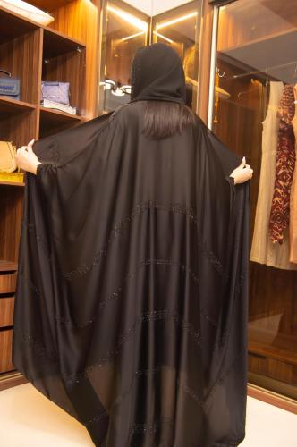 Natural silk abaya + headscarf, fabric color black, black crystal, embroidery widthwise