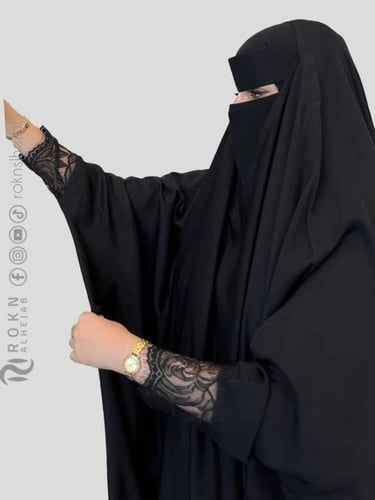 1446 | عباية راس بشت كامل كم دانتيل كوري قماش حرائ...
