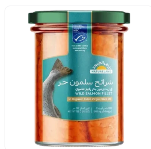 أرض الطبيعة شرائح سلمون حر في زيت زيتون بكر رفيع ع...