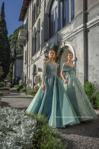 Beaded Tulle Long Sleeve Gown