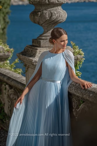 Pale Blue Pleated Dramatic Cape-Sleeve Gown