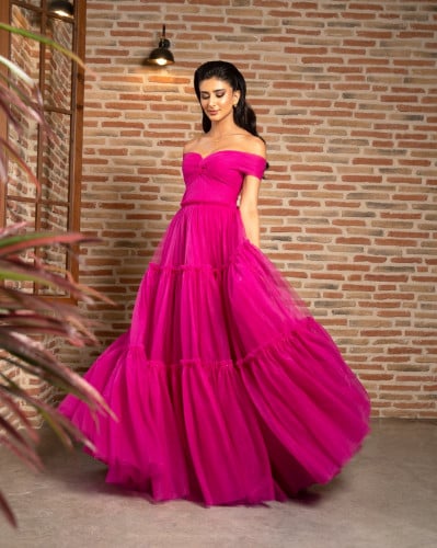 Fuchsia Off-The-Shoulder Maxi Evening Gown