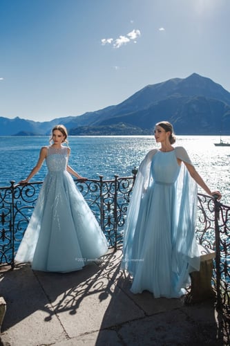 Pale Blue Pleated Dramatic Cape-Sleeve Gown