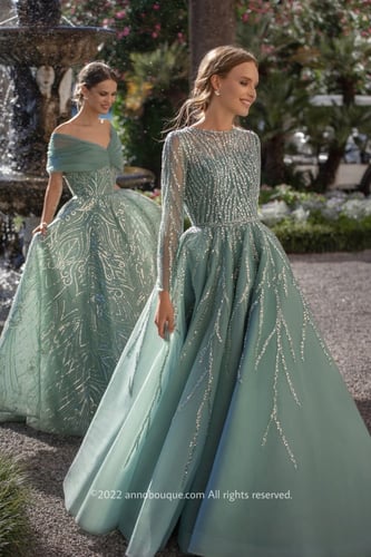 Beaded Tulle Long Sleeve Gown