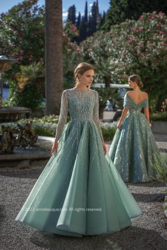 Beaded Tulle Long Sleeve Gown