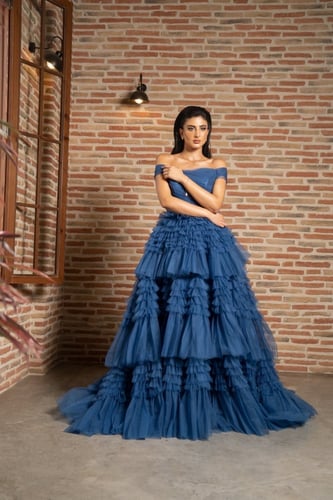Blue Off-The-Shoulder Frill-Layered Gown