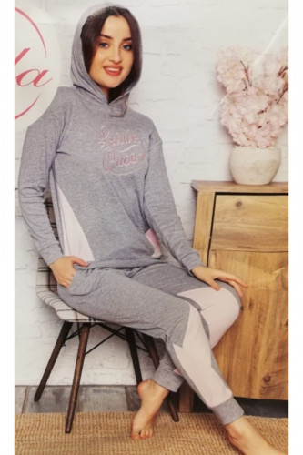 طقم بيجاما كم طويل بقلنسوة رمادي وردي للنساء