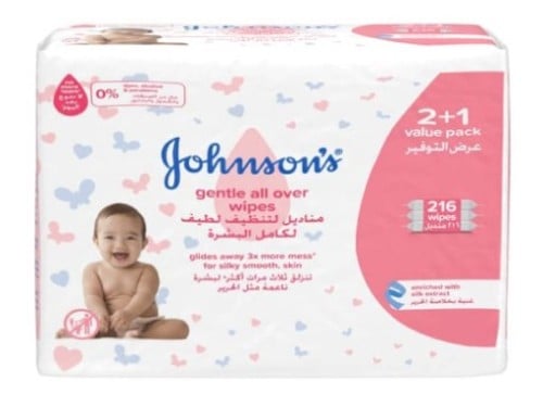 جونسون مناديل للتنظيف لطيف لكامل البشرة الطفال 2+1