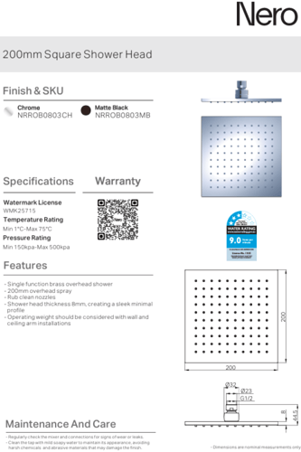 طاسة دش / شاور رأسي 20 سم مربع اللون الكروم نيرو /...