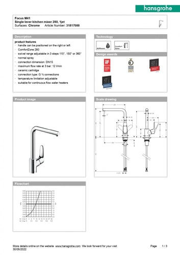 خلاط مطبخ كروم فوكس 280 هانس جروهي / hansgrohe