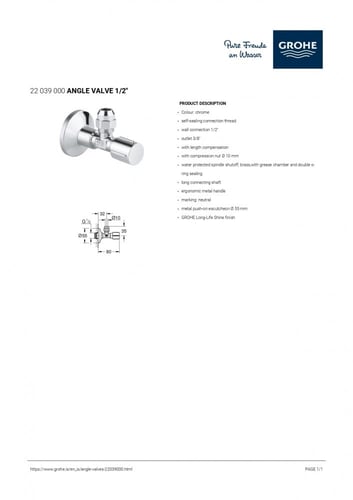 محبس زاوية 3/8 * 1/2 كروم -جديد جروهي / GROHE