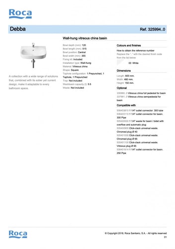 مغسلة debba مع عامود 60 سم ابيض روكا / Roca