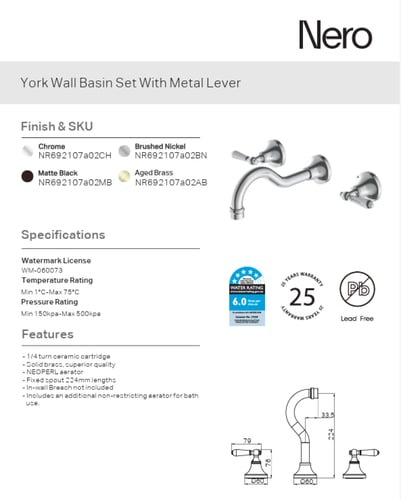 خلاط مغسلة جداري 3 فتحة بمقبض بورسلان ابيض مع القل...