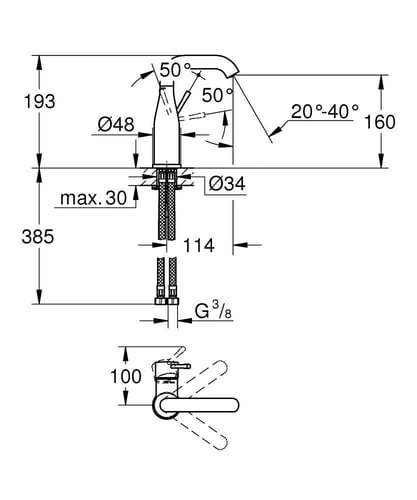 خلاط مغسلة جروهي ايسنس فانتوم اسود مقبض جنب Grohe