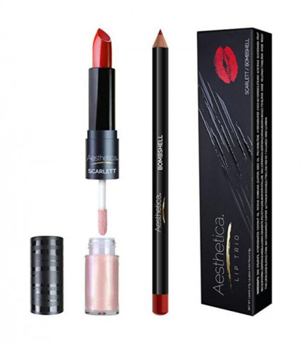 مجموعة احمر الشفاه مع قلم تحديد وقلوس لماع سكارليت...