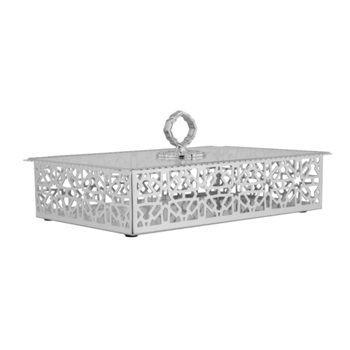 صينية تقديم مستطيلة تصميم مخرم من السيف - لون فضي...
