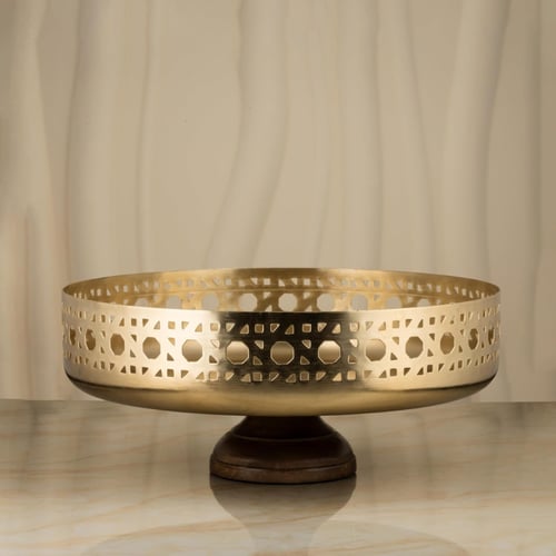 وعاء تقديم بقاعدة خشبية من السيف - لون ذهبي