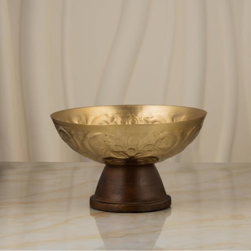 وعاء تقديم بقاعدة خشبية من السيف - لون ذهبي