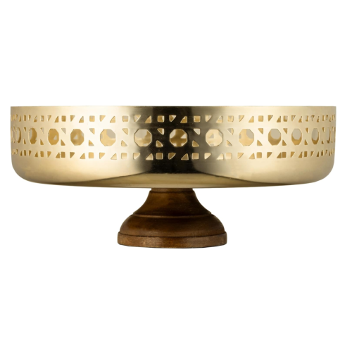 وعاء تقديم بقاعدة خشبية من السيف - لون ذهبي